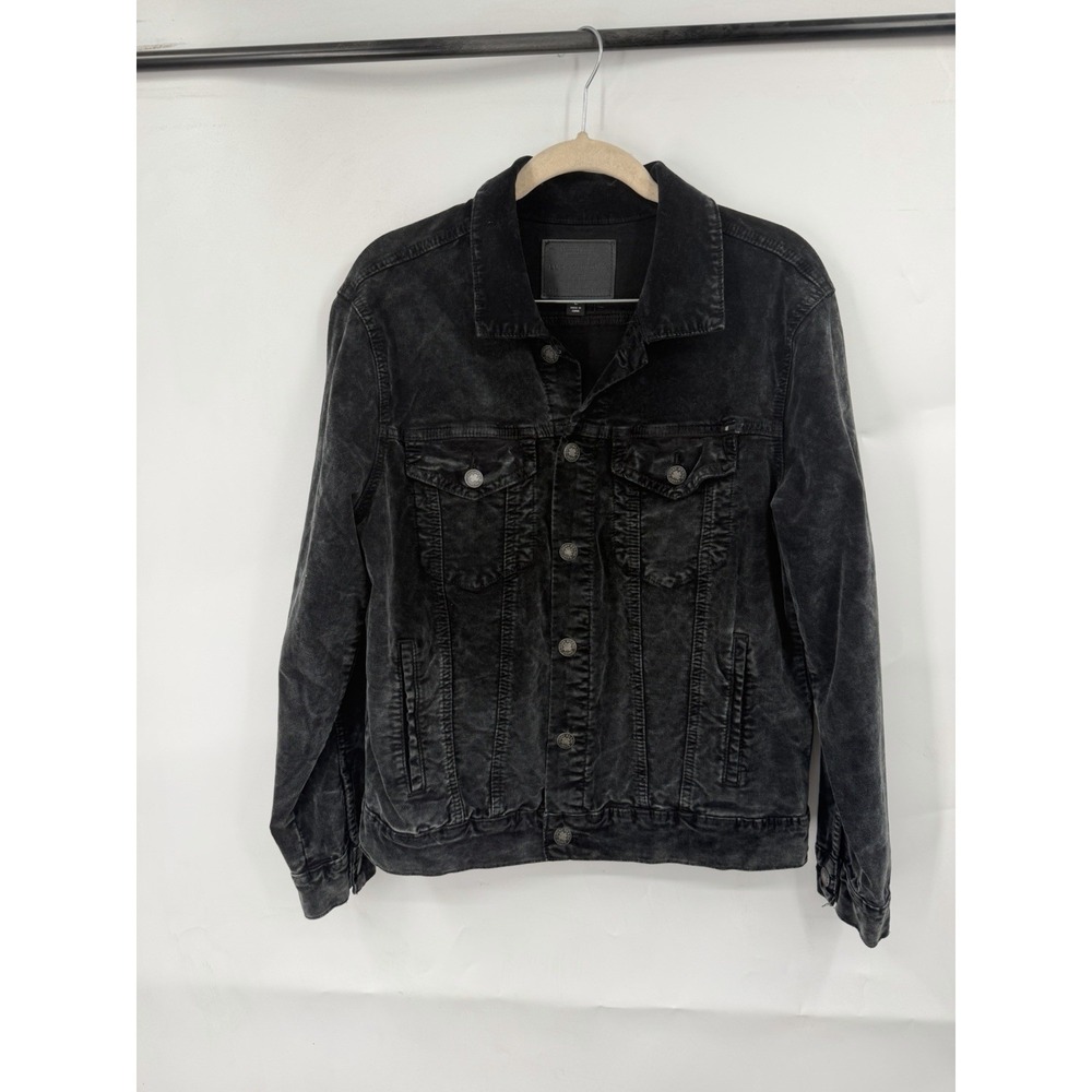 Lucky Brand Velour Jacket Men L Black Acid Wash Trucker Grunge Western Y2K Faded